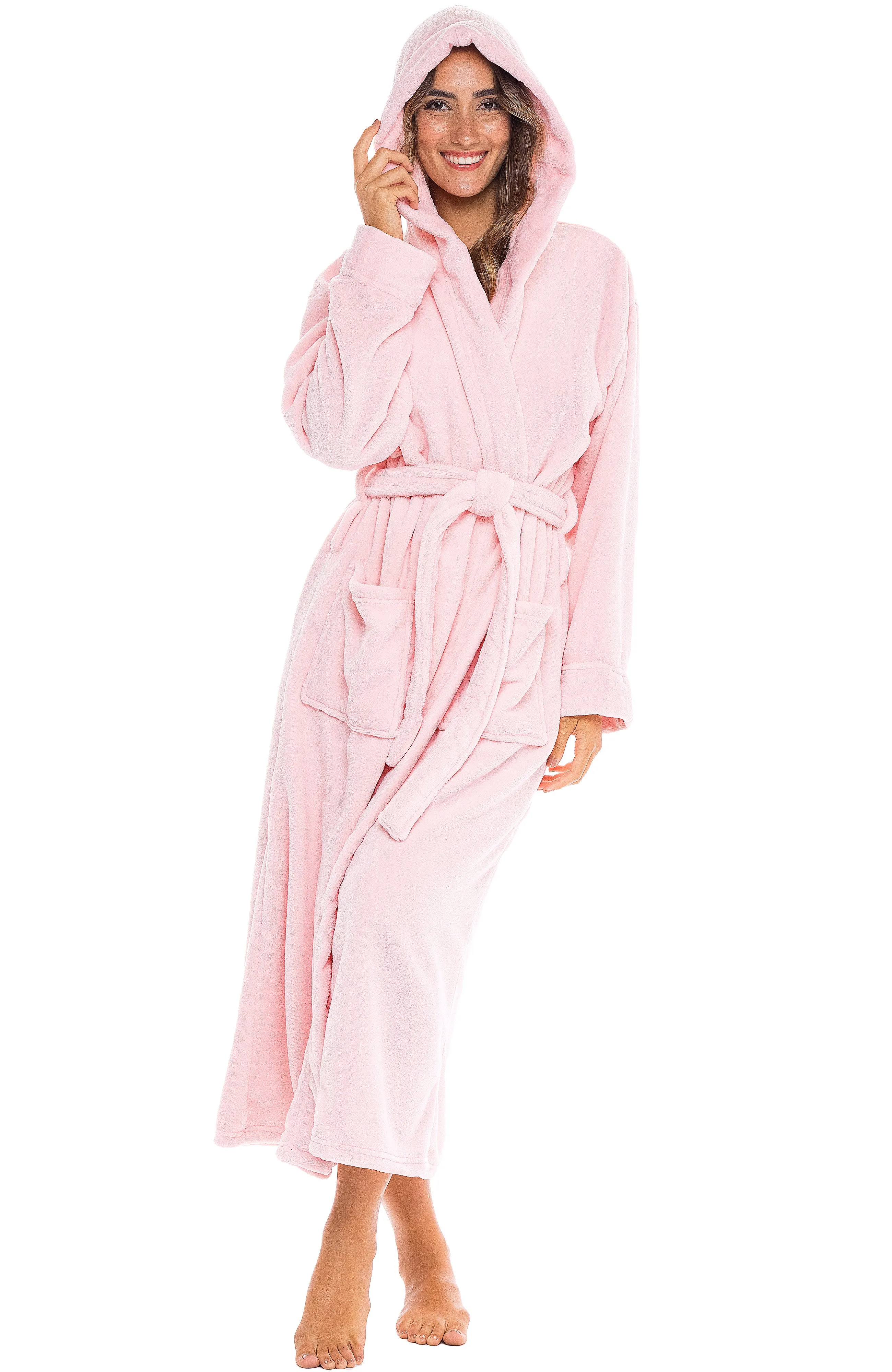 Women's Plush Fleece Hooded Bathrobe, Full Length Long Warm Lounge Robe with Hood