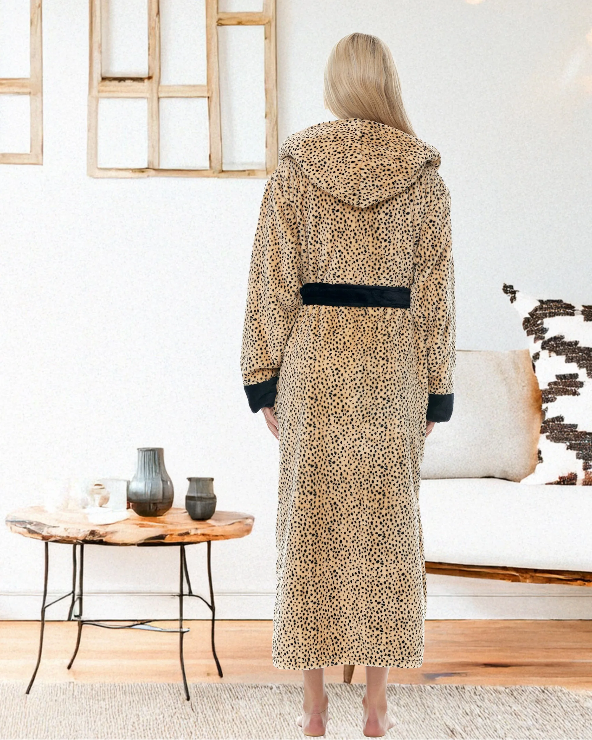 Women's Plush Fleece Hooded Bathrobe, Full Length Long Warm Lounge Robe with Hood