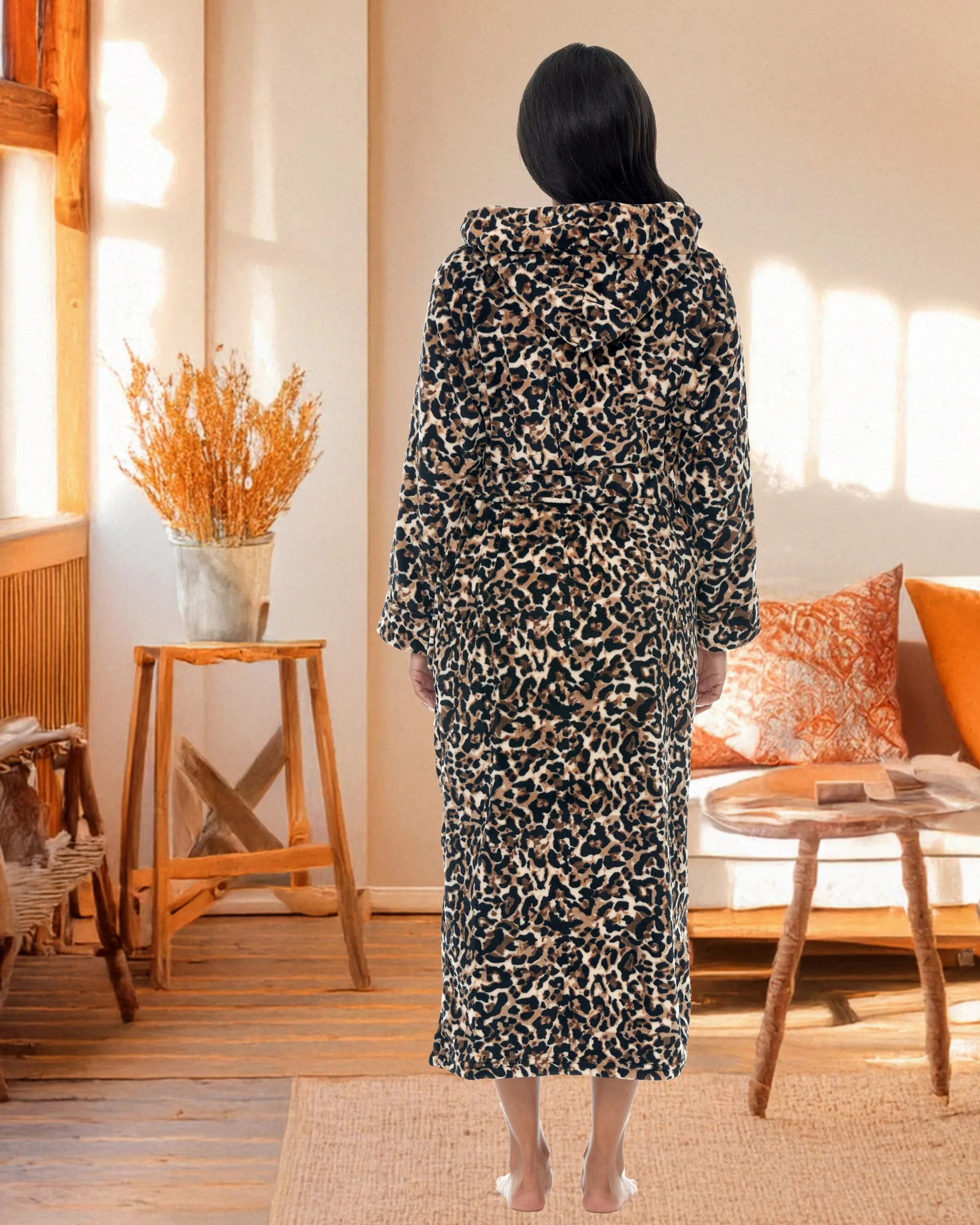 Women's Plush Fleece Hooded Bathrobe, Full Length Long Warm Lounge Robe with Hood