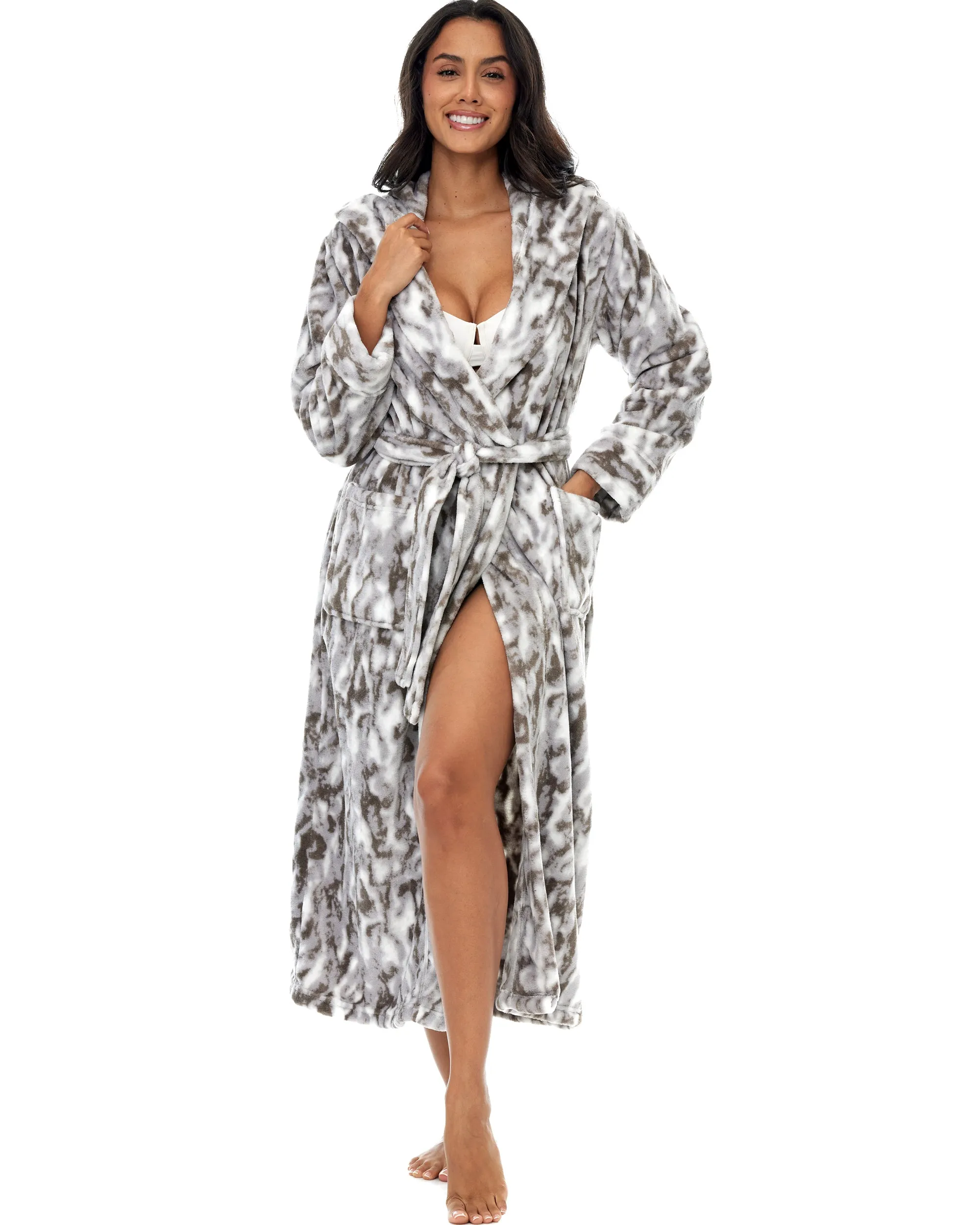 Women's Plush Fleece Hooded Bathrobe, Full Length Long Warm Lounge Robe with Hood