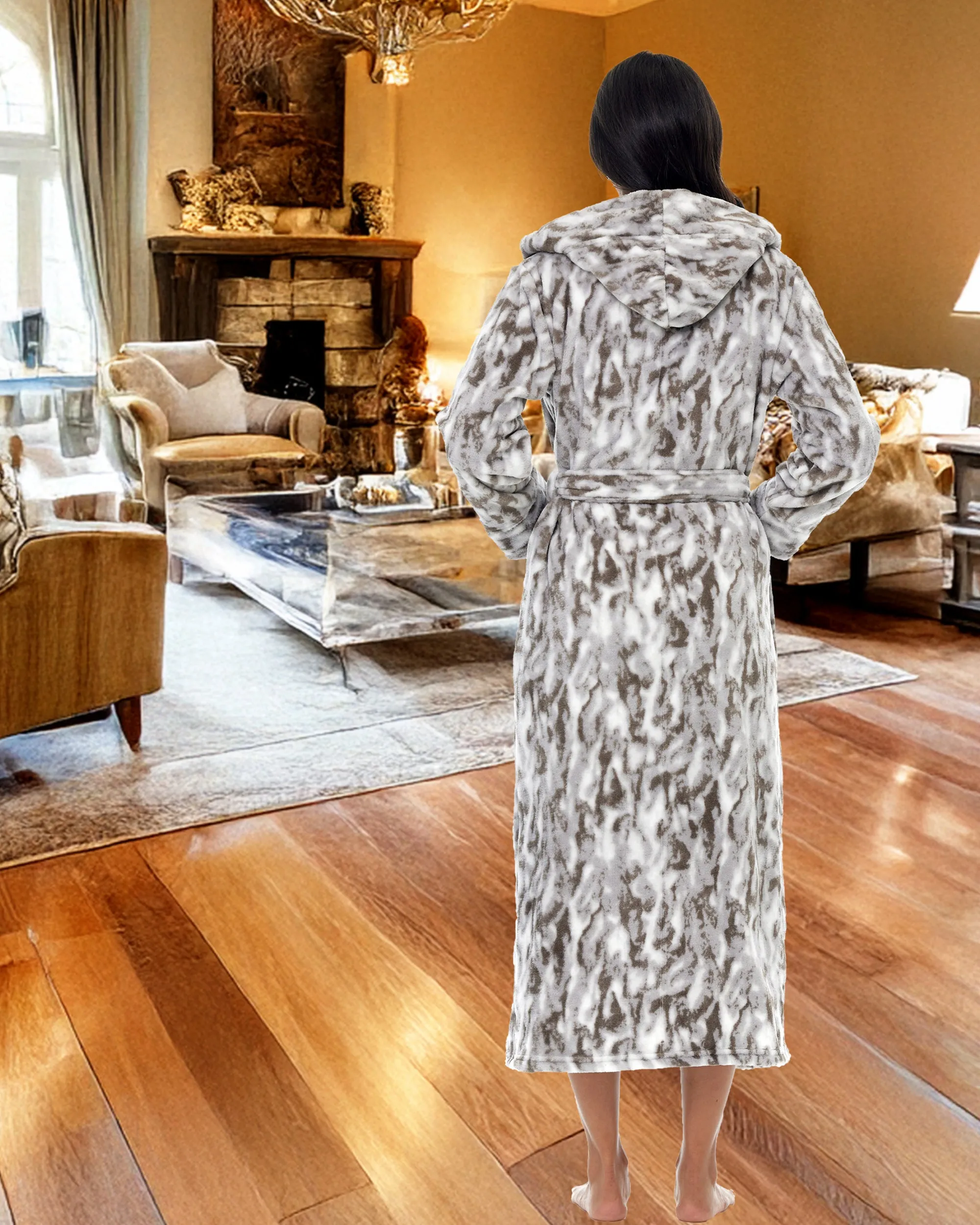 Women's Plush Fleece Hooded Bathrobe, Full Length Long Warm Lounge Robe with Hood