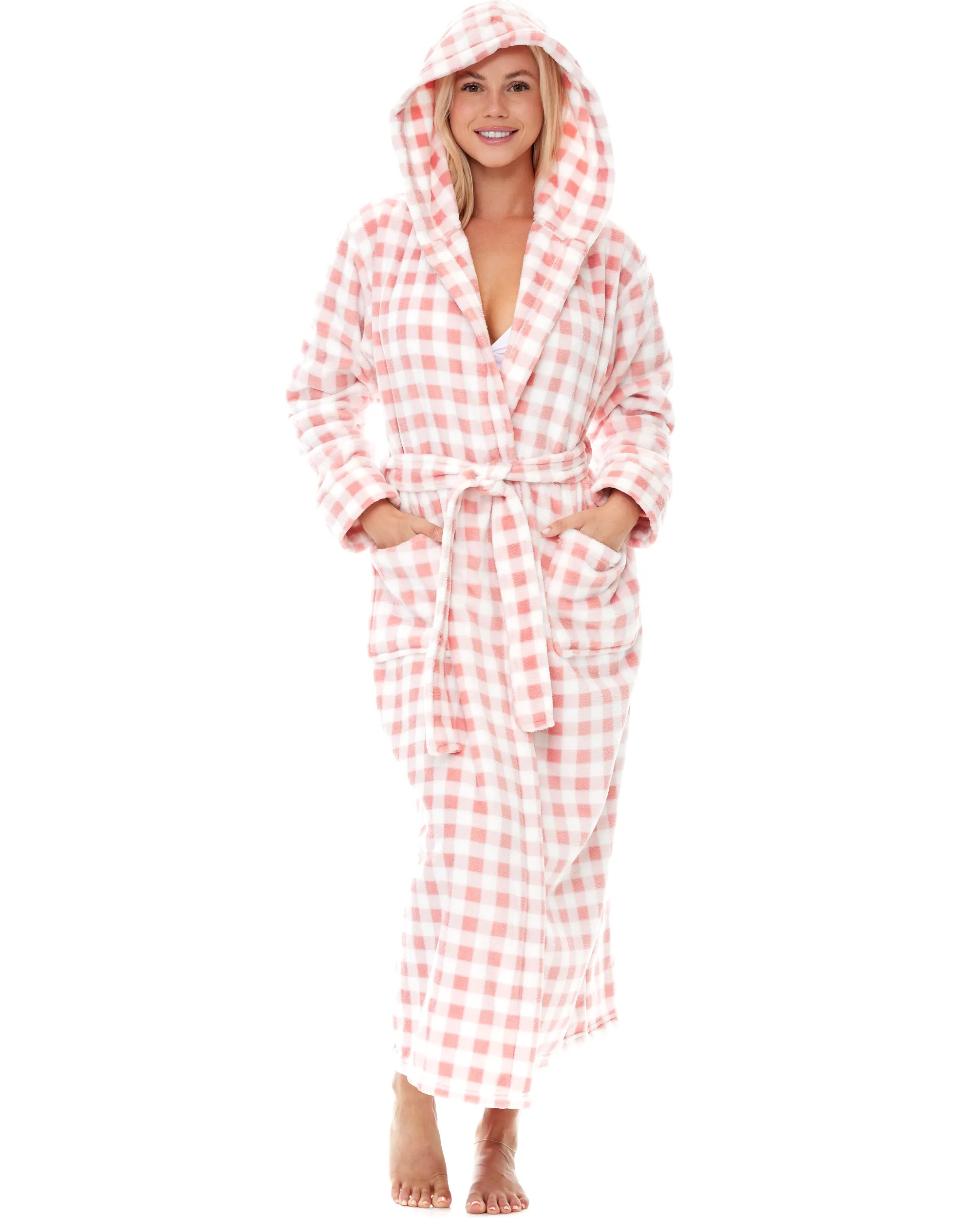 Women's Plush Fleece Hooded Bathrobe, Full Length Long Warm Lounge Robe with Hood