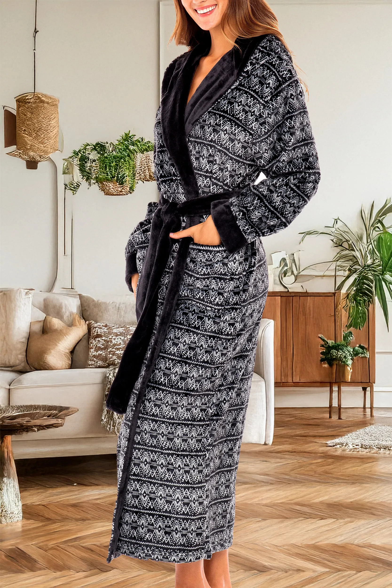 Women's Plush Fleece Hooded Bathrobe, Full Length Long Warm Lounge Robe with Hood