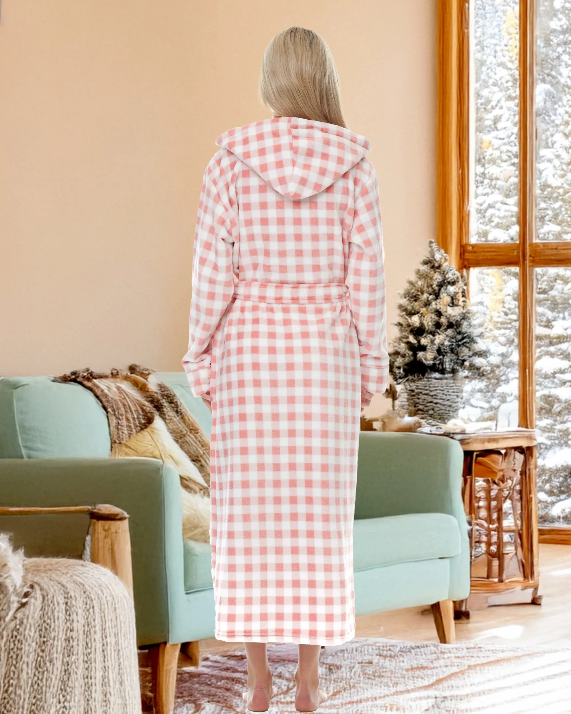 Women's Plush Fleece Hooded Bathrobe, Full Length Long Warm Lounge Robe with Hood