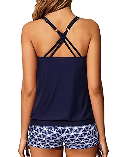 Women's Push Up Slimming Tummy Control Blouson Tankini Swimsuits-Navy Blue Tribal