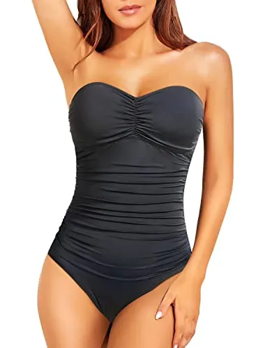 Women's Strapless Tummy Control One Piece Swimsuit Bandeau Bathing Suit