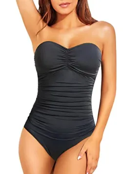 Women's Strapless Tummy Control One Piece Swimsuit Bandeau Bathing Suit