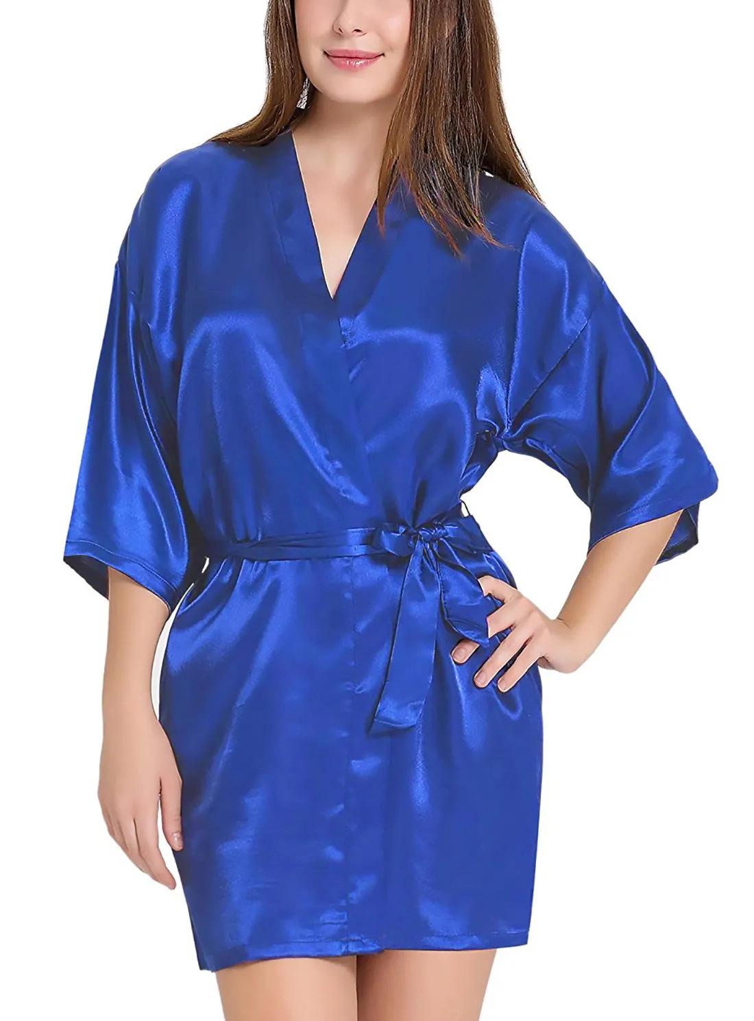 Xs and Os Women Satin Babydoll Kimono Nightwear Robe (Royal Blue)
